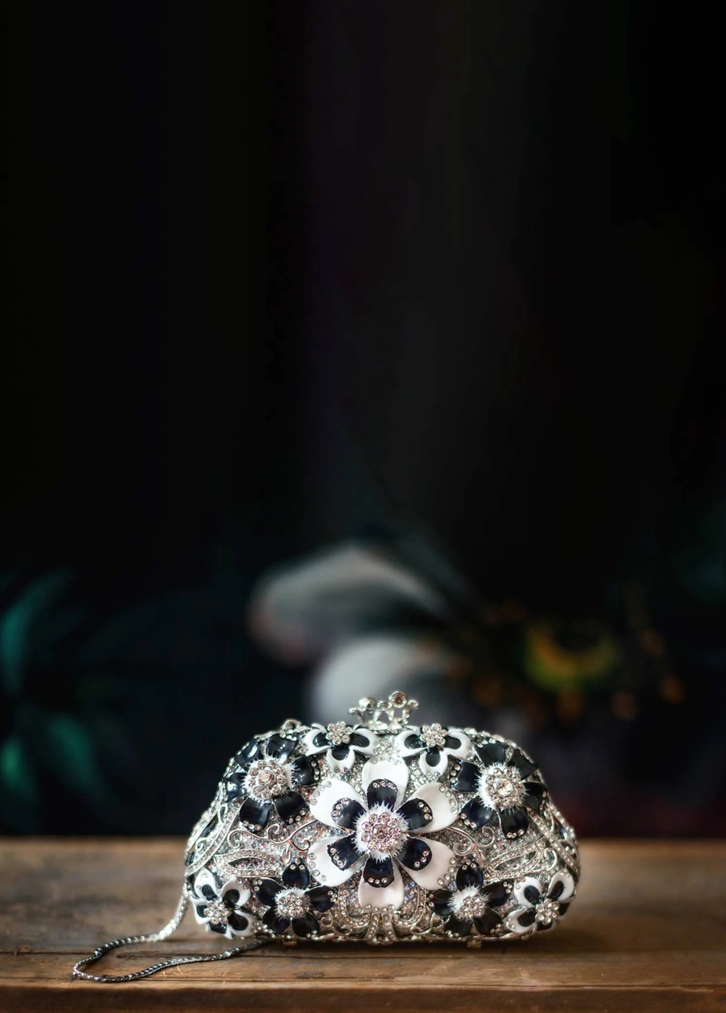 BLACK & WHITE FLORAL RHINESTONE CLUTCH 3 BLACK & WHITE FLORAL RHINESTONE CLUTCH